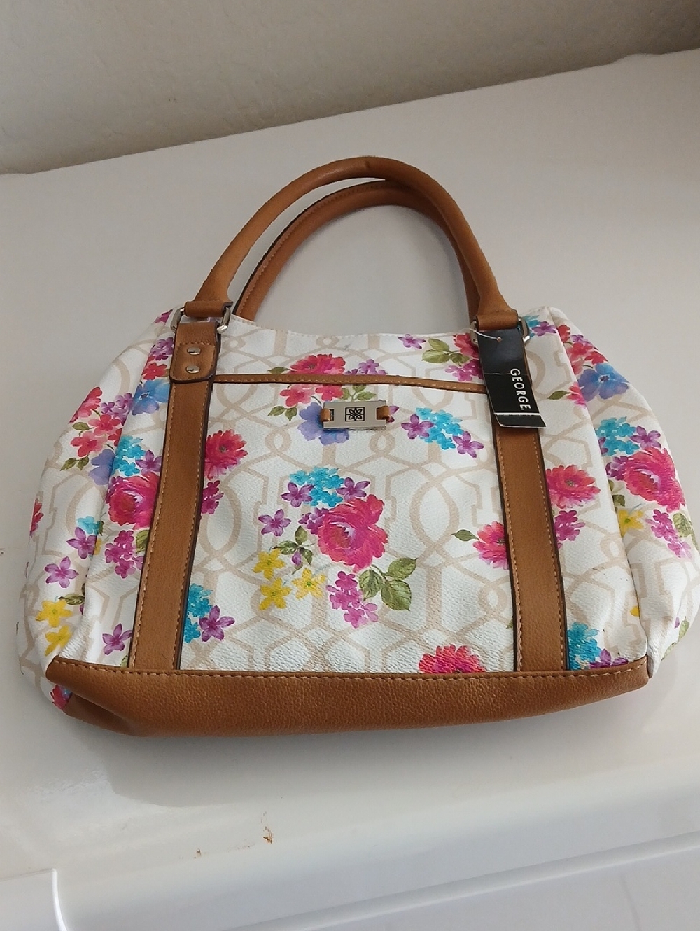 George White Floral Tote with Brown Trim, Matching Wallet